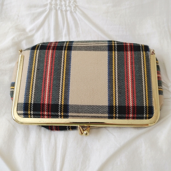 Vintage beige plaid fabric makeup clutch bag with mirror - Picture 2 of 9